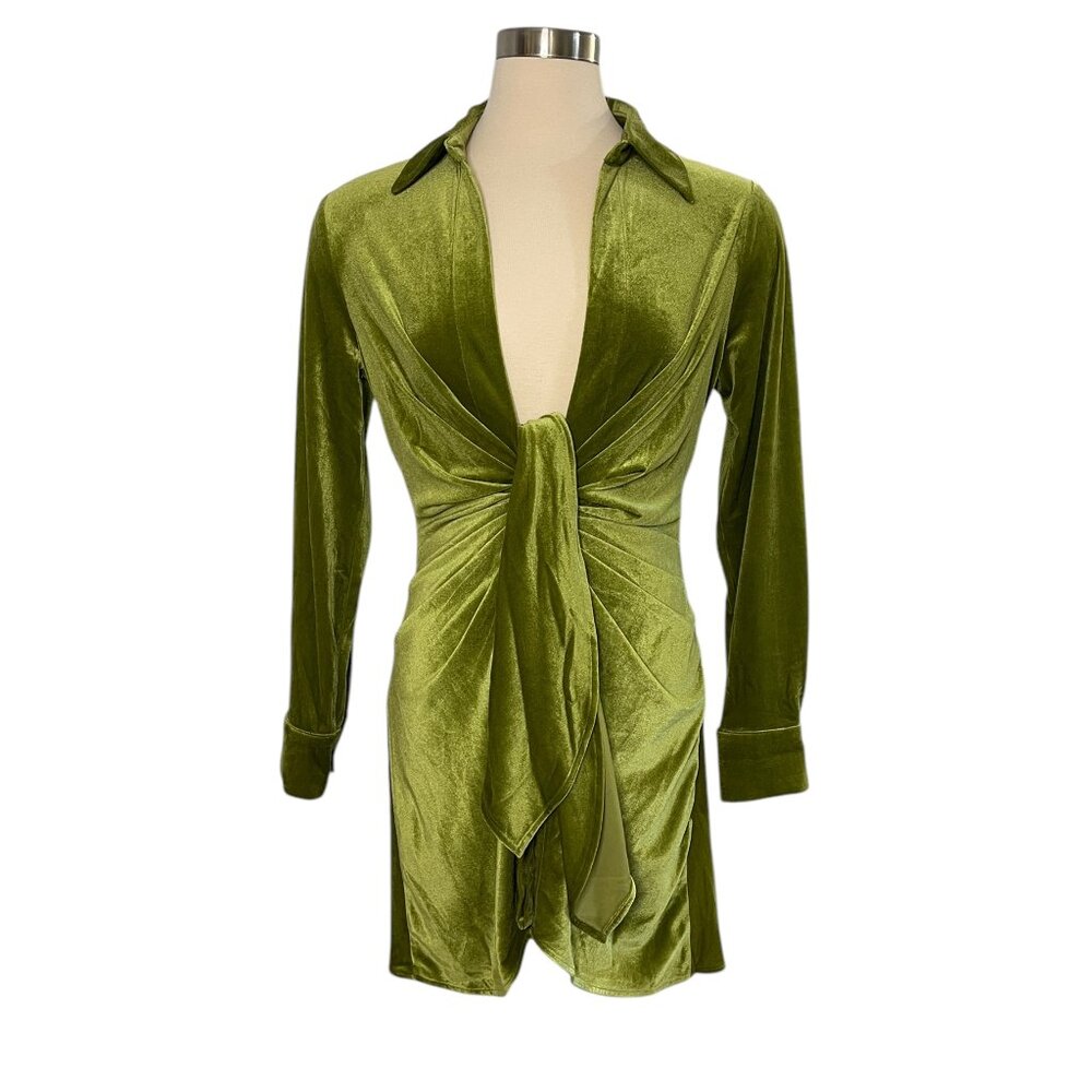 Lime Green Velvet Mini Dress with Long Sleeves